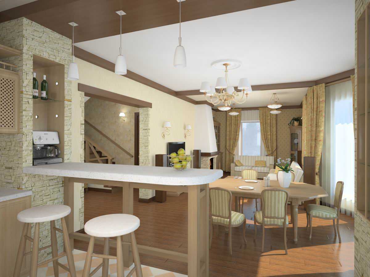 Светлая бело-деревянная кухня с пеналом и барной стойкой Зона гостиной с диваном, обеденная зона, выход на балкон Встроенная бытовая техника