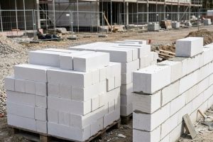 Кладка стены из газобетонных блоков на строительной площадке