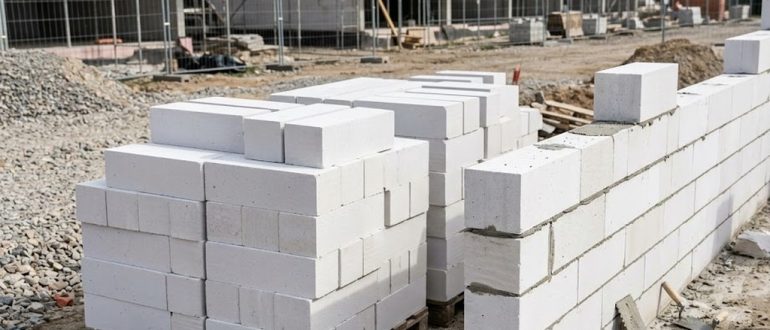 Кладка стены из газобетонных блоков на строительной площадке