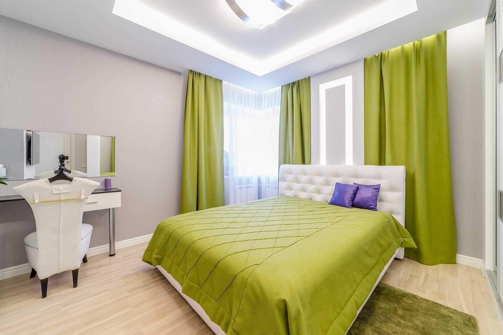 Зеленая спальня: оттенки, сочетания, выбор отделки, мебели, штор, освещения