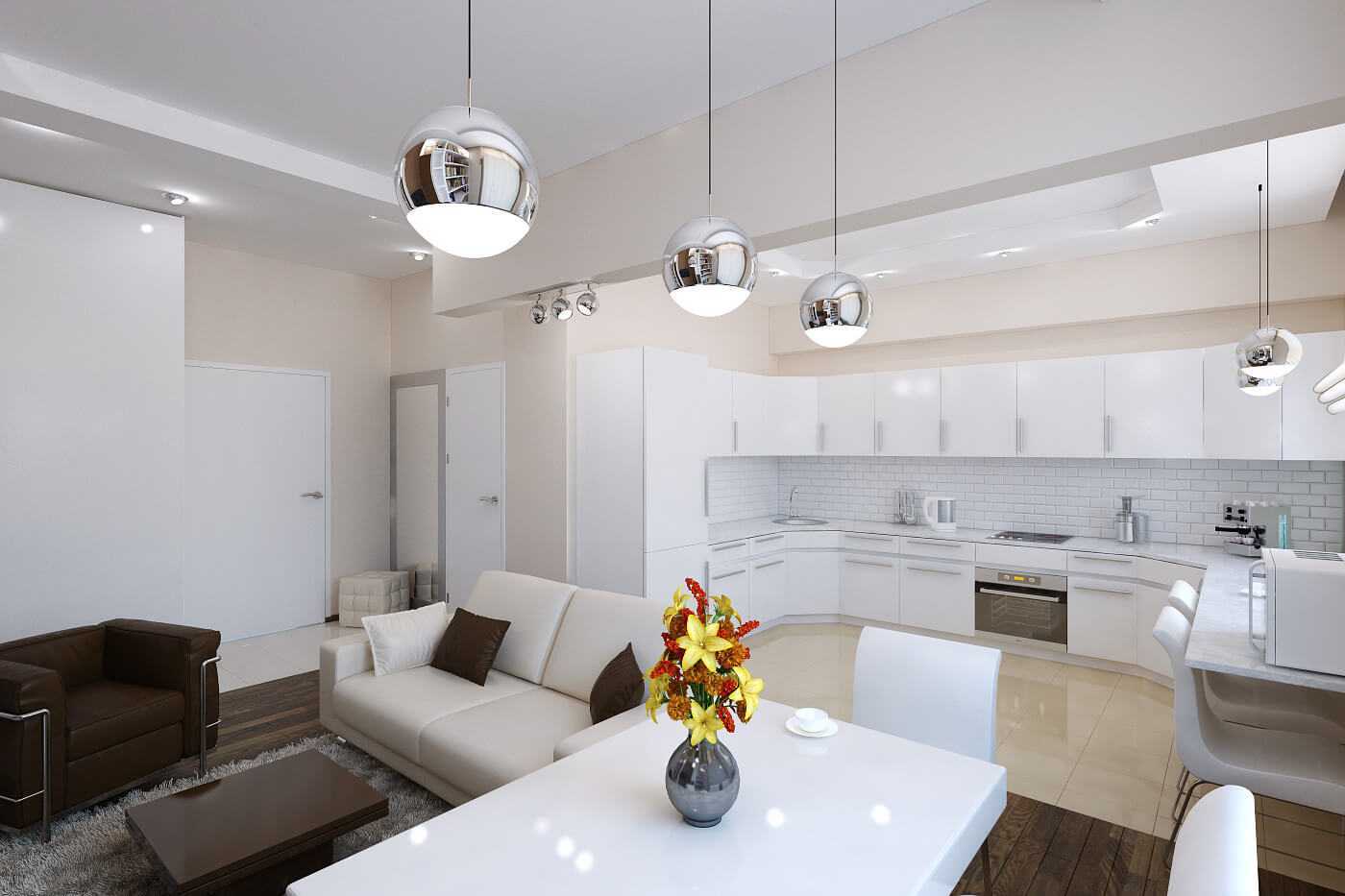 Кухня гостиная в светлых тонах в современном стиле