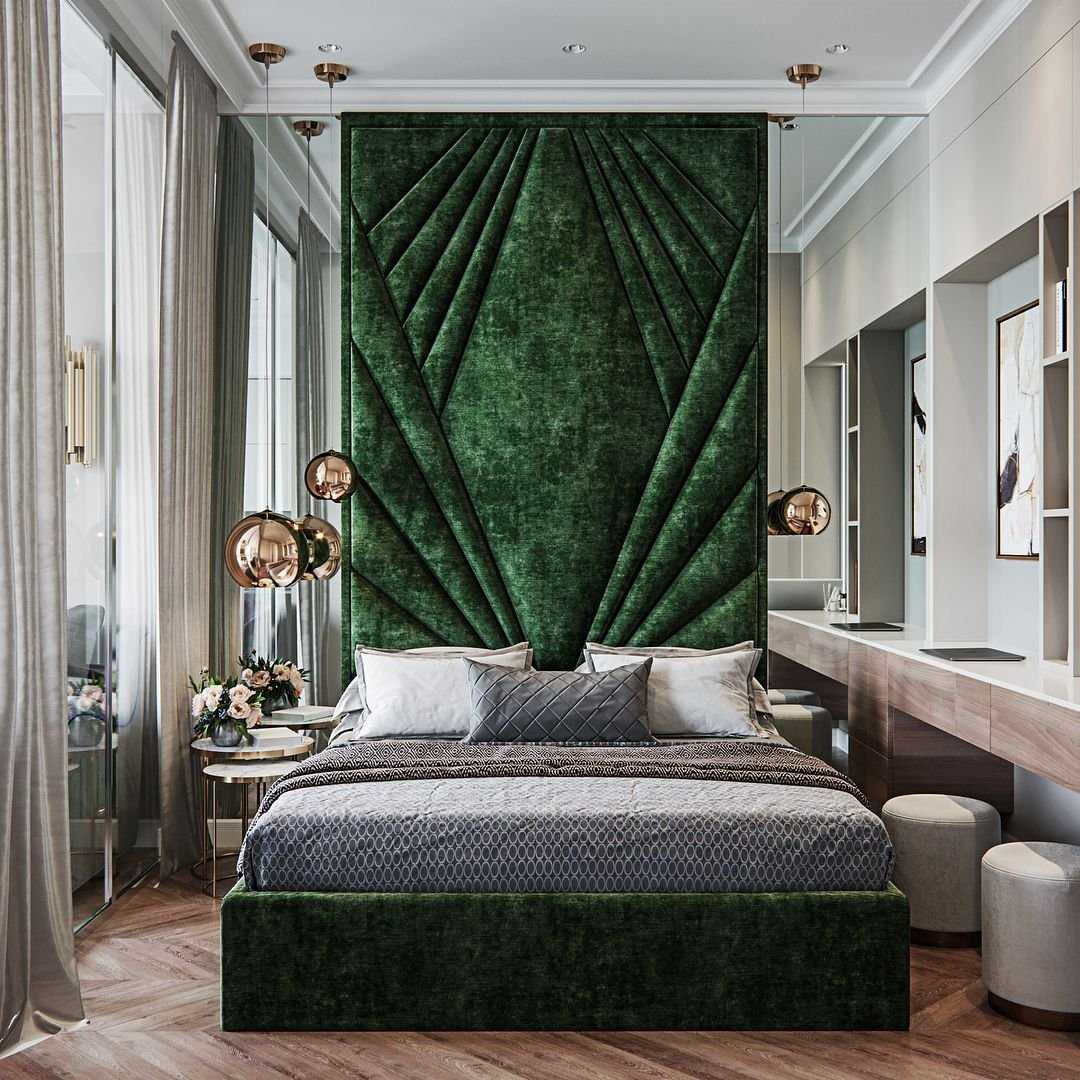 дизайн спальни с зеленой кроватью фото