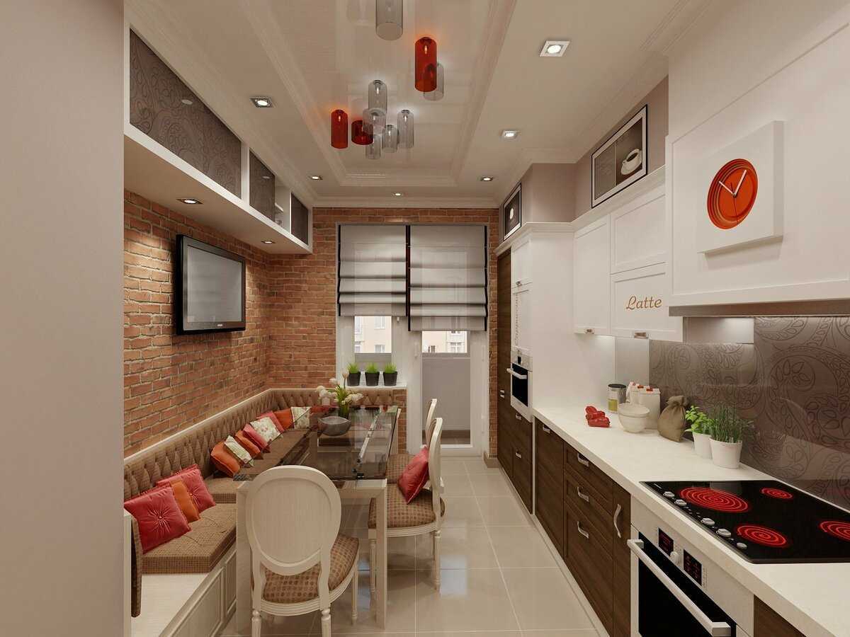 Дизайн кухни 14м2 с зоной отдыха прямоугольная с балконом